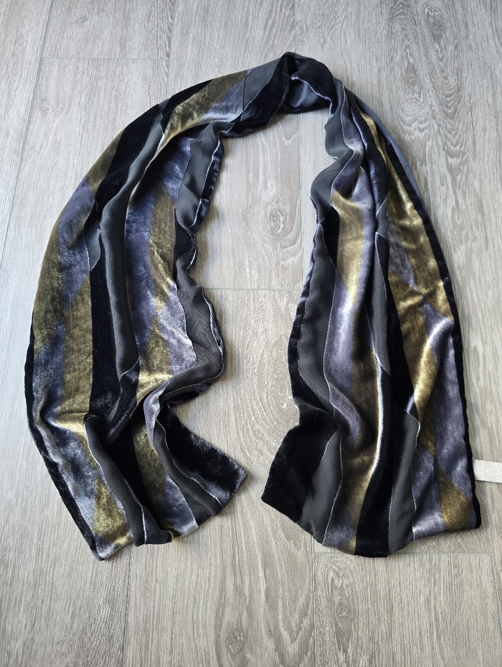 Echo Silk Velvet Scarf Art Deco Geometric Harlequin Black Gold Gray Satin Wrap
